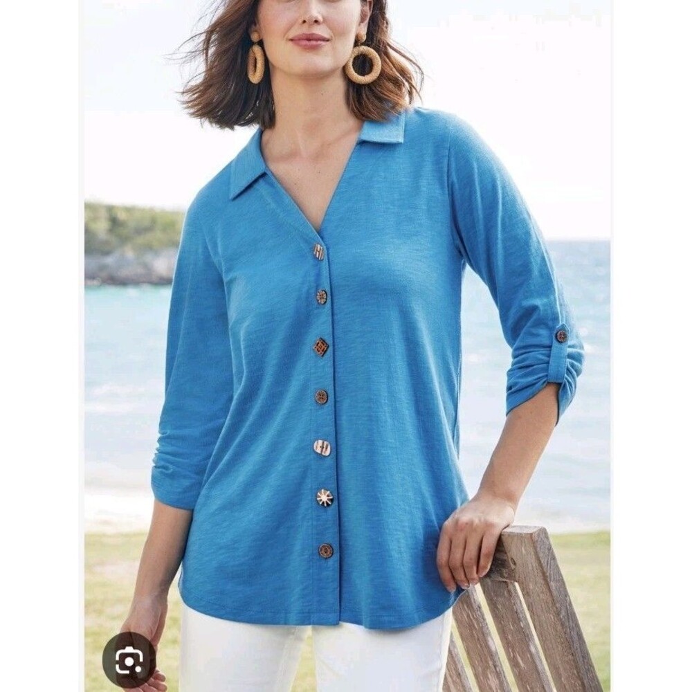 Soft Surroundings Blue Cotton Boho Top Sz 1X Bohemian Beachy Breathable